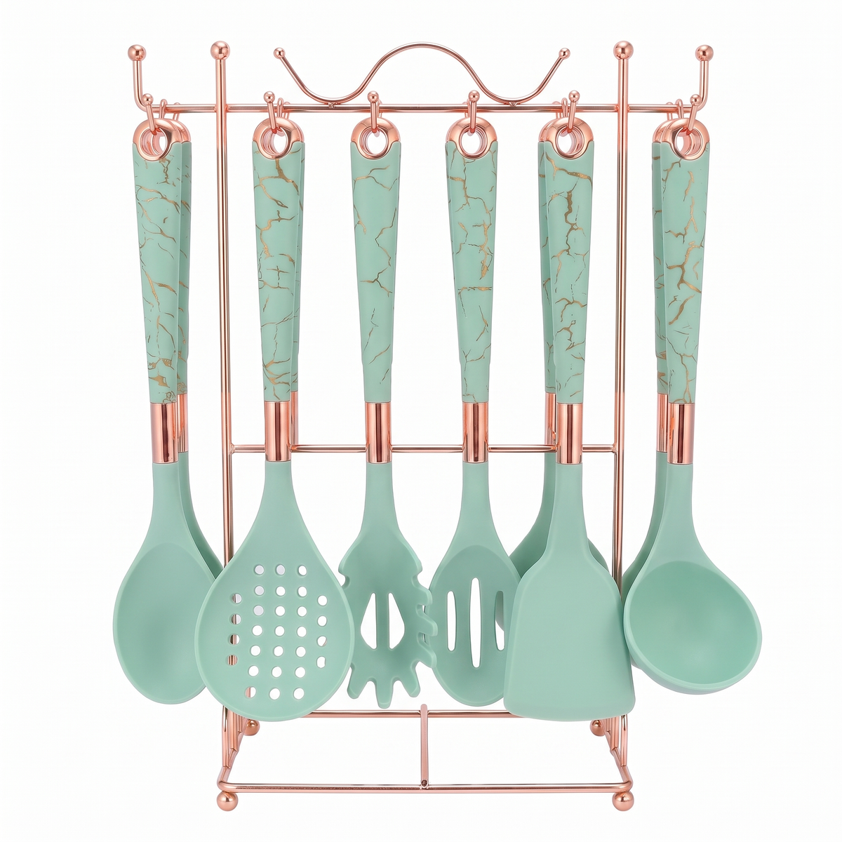 Marmo 7-piece utensil set in Mint Green crackle marble with rose-gold stand on white background