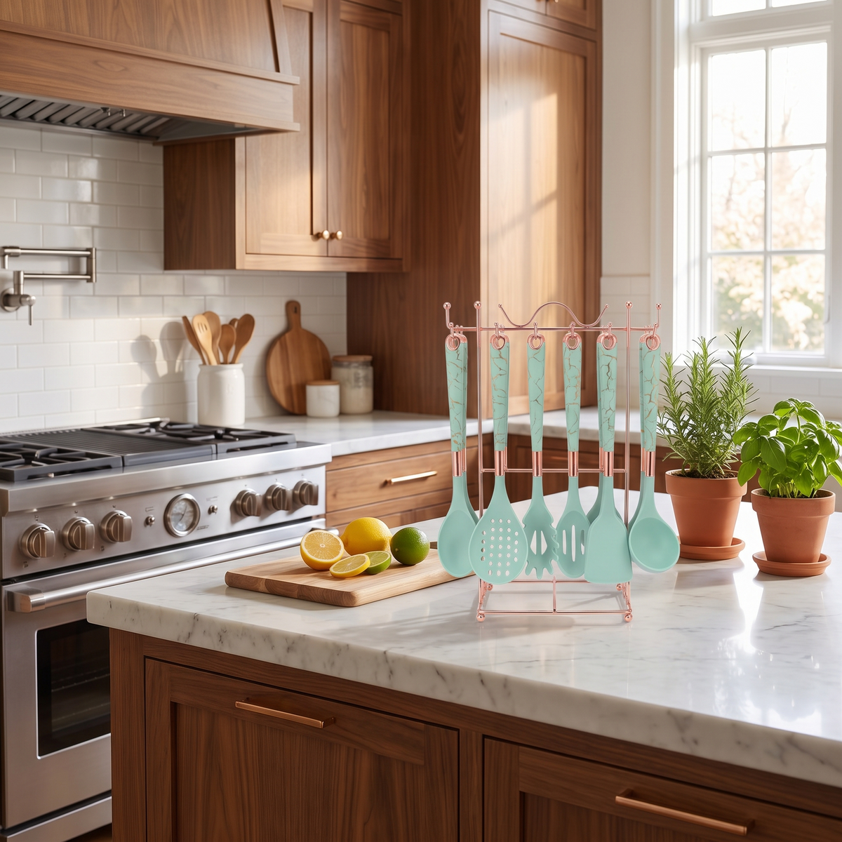 Mint green Marmo utensil set on its rose-gold stand beside a window with potted herbs