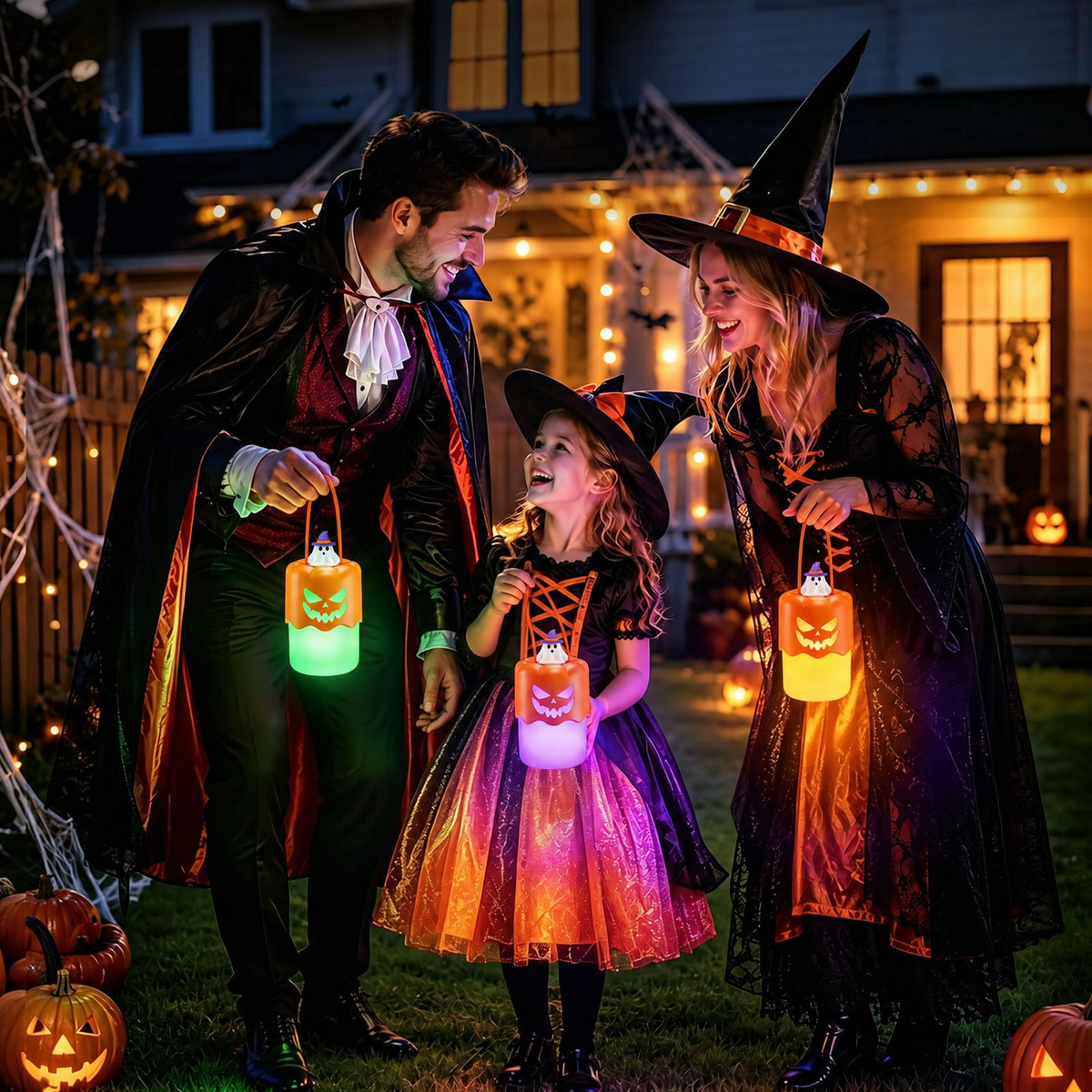 Family in Halloween costumes carrying glowing pumpkin lanterns outdoors
