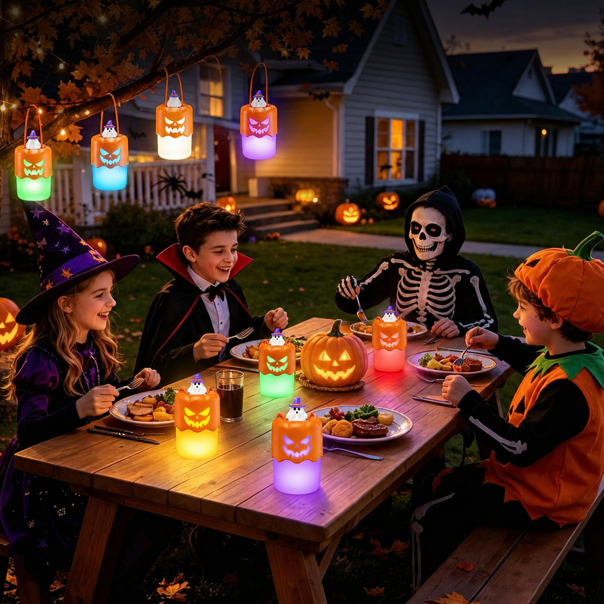 Halloween party table lit by colorful ghost pumpkin lanterns