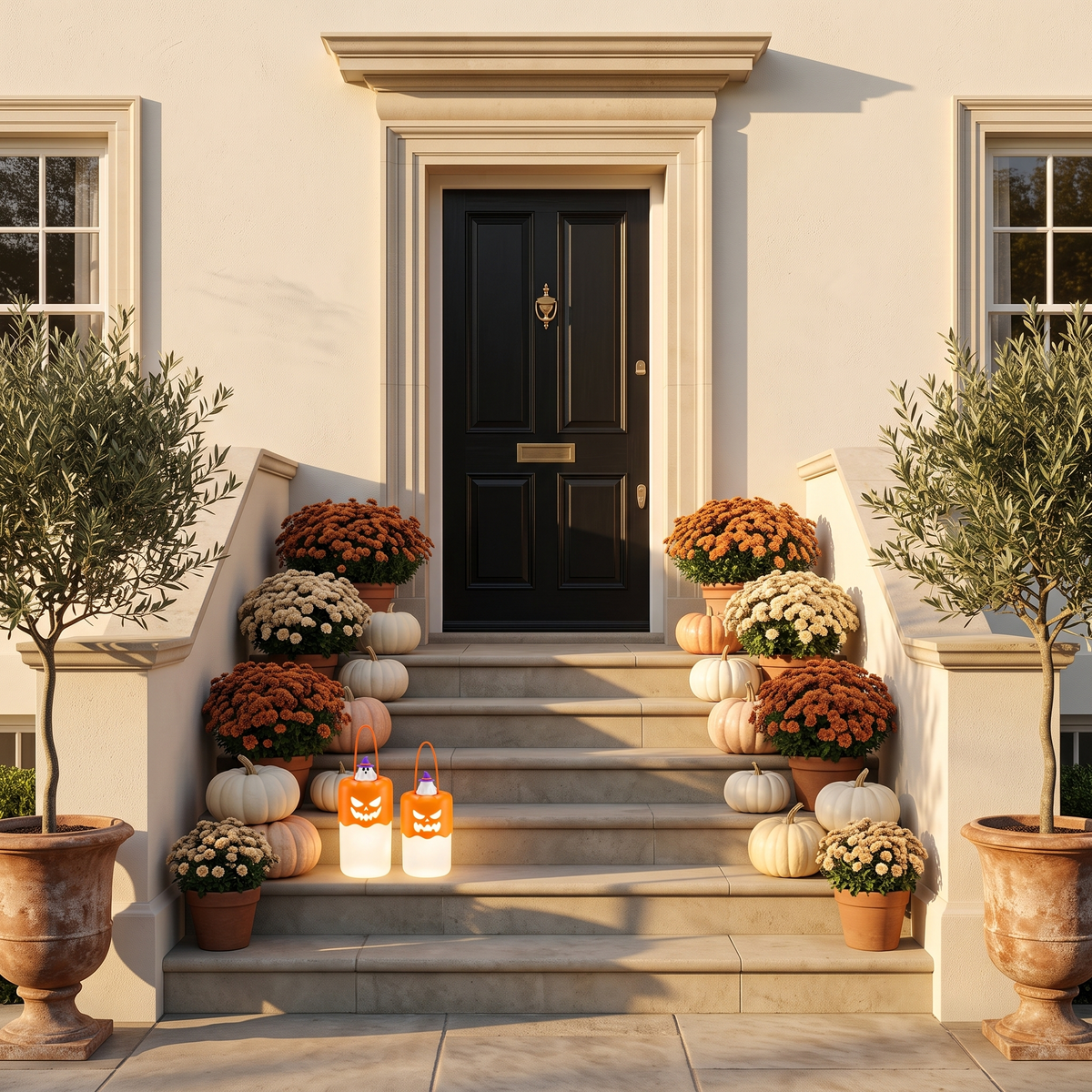 Rechargeable jack o lantern lights on villa front steps with mums and heirloom pumpkins at golden hour
