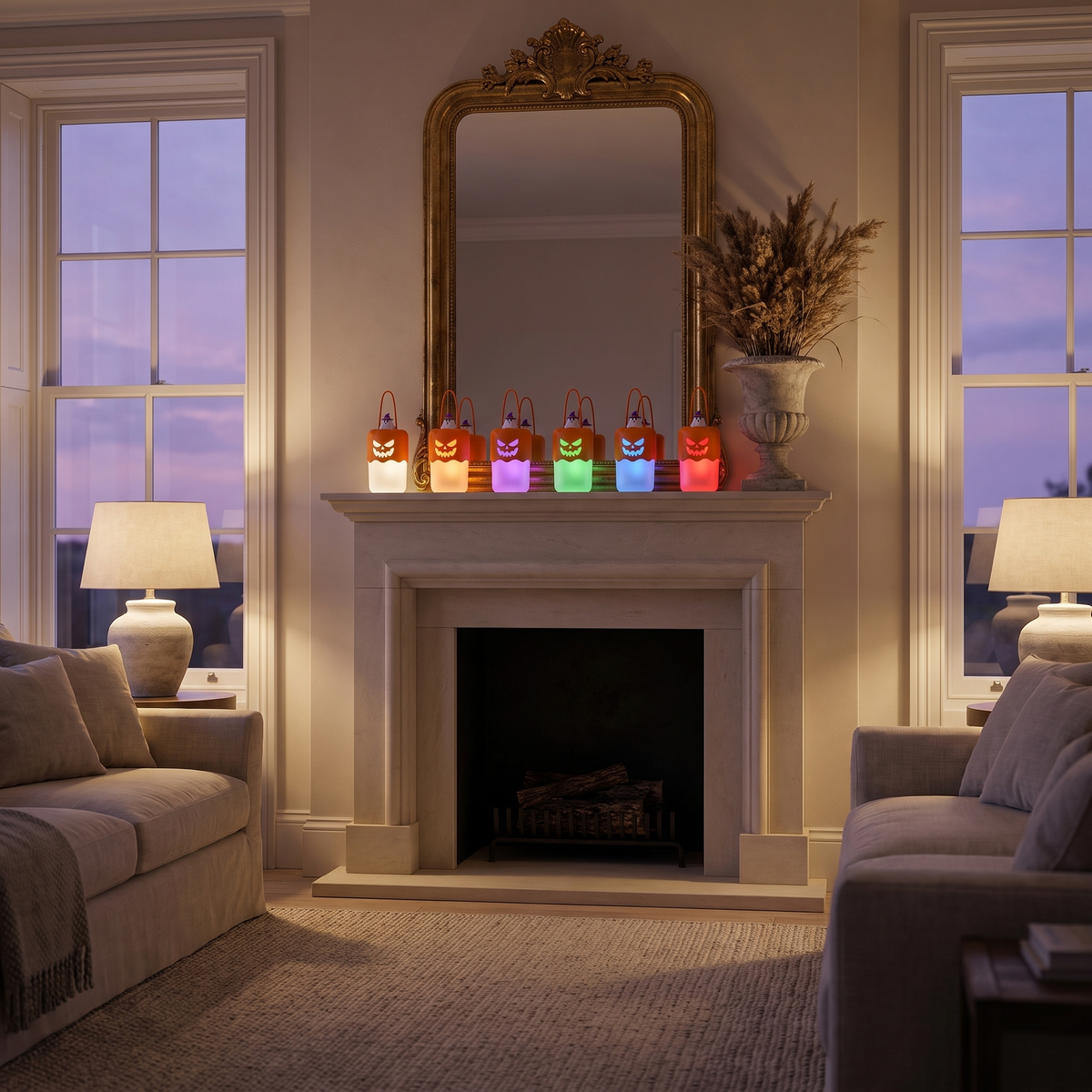 Six pumpkin lanterns on a fireplace mantel showing white, orange, purple, green, blue and red light