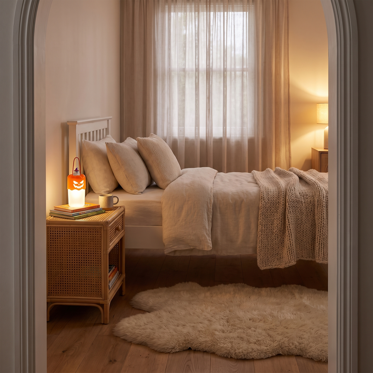 Ghost pumpkin lantern as a soft night light on a rattan nightstand in a child's bedroom