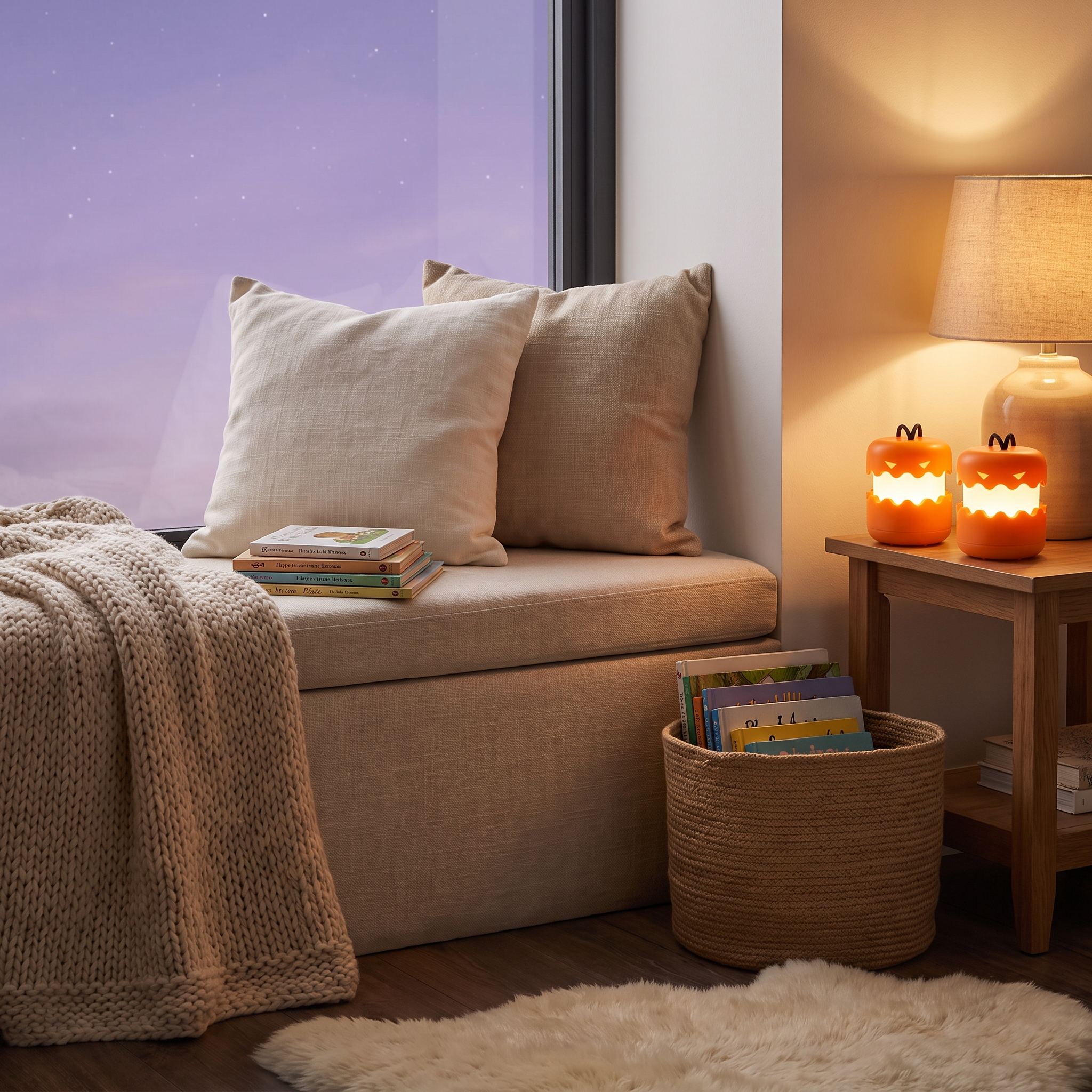 Pumpkin lanterns as soft night lights in a child's reading nook