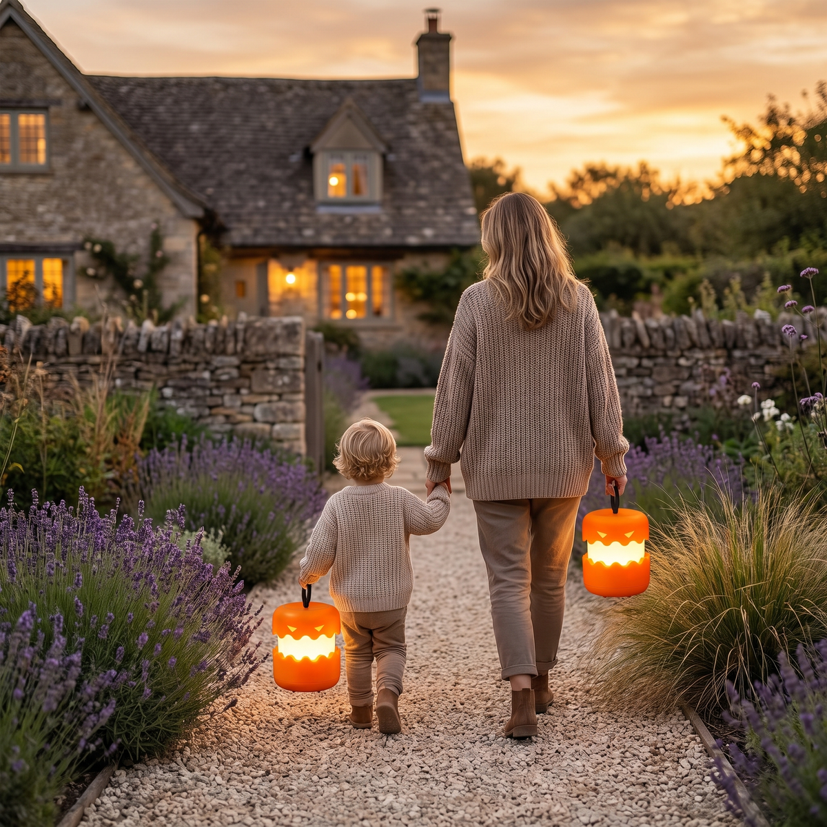 Mother and child carrying glowing pumpkin lanterns down a garden path at twilight