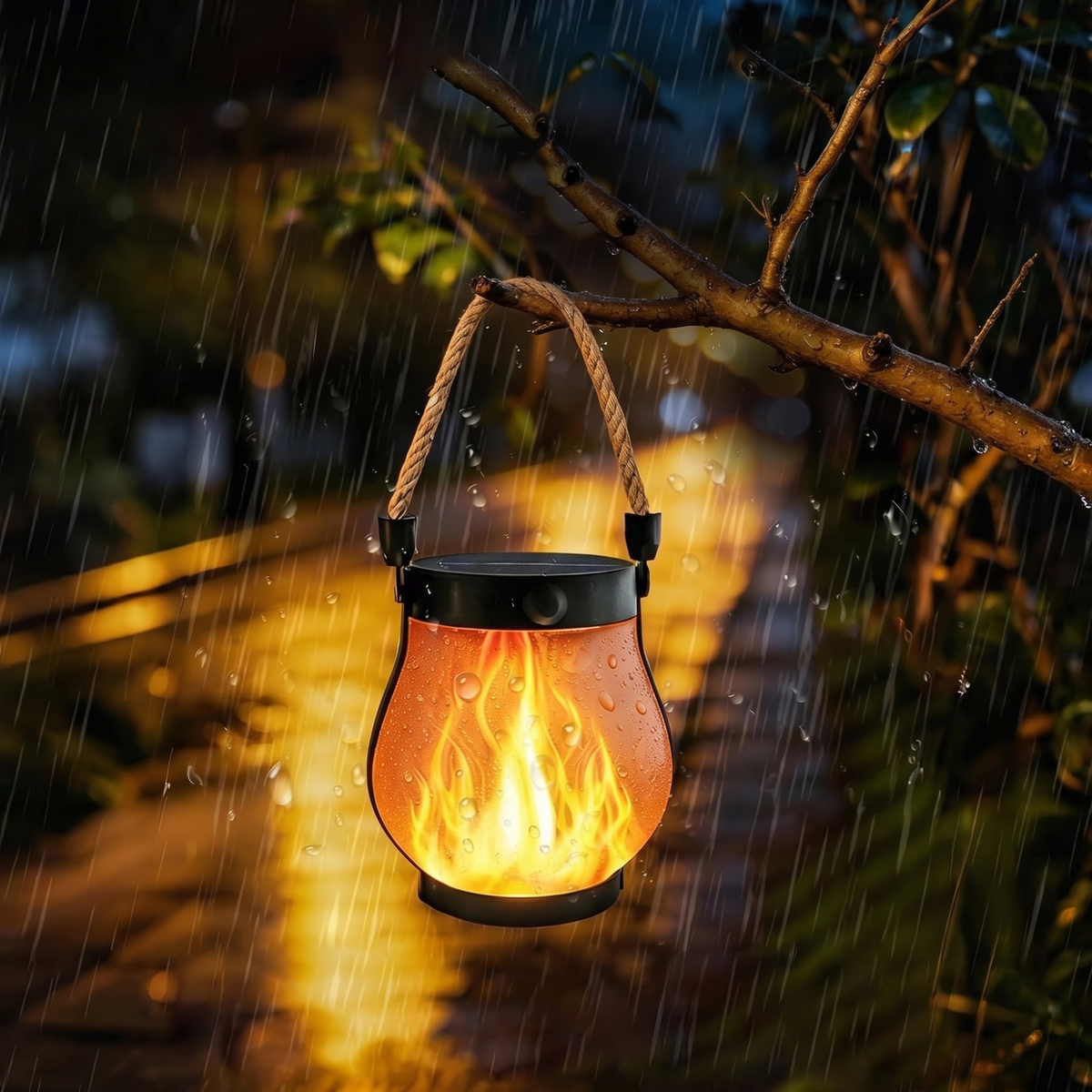 Waterproof solar flame lantern glowing in the rain over a garden path