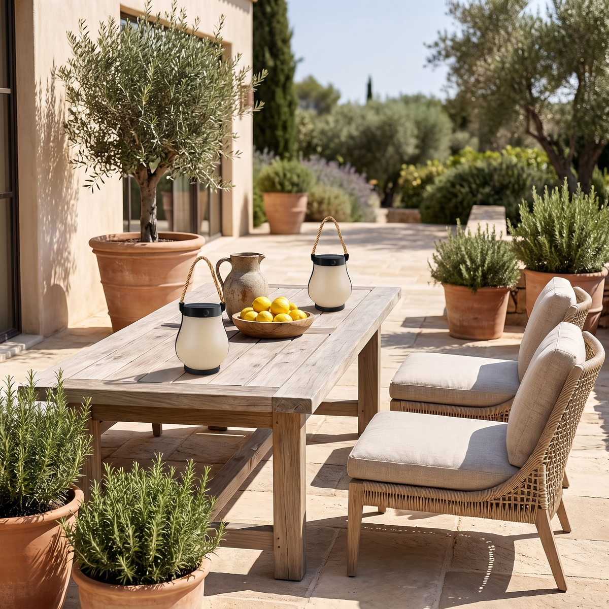 Two frosted solar lanterns charging on a sunny stone patio table