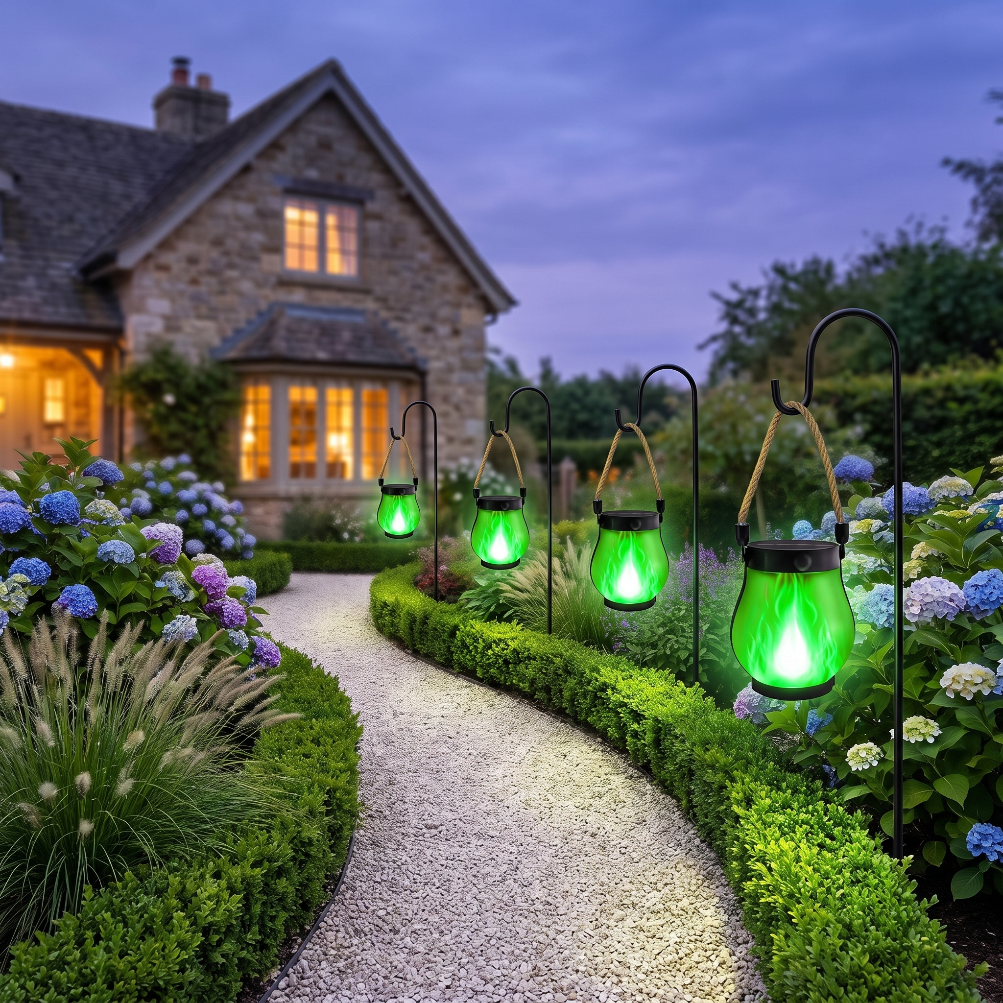 Green flame solar lanterns on shepherd hooks along a garden path at twilight