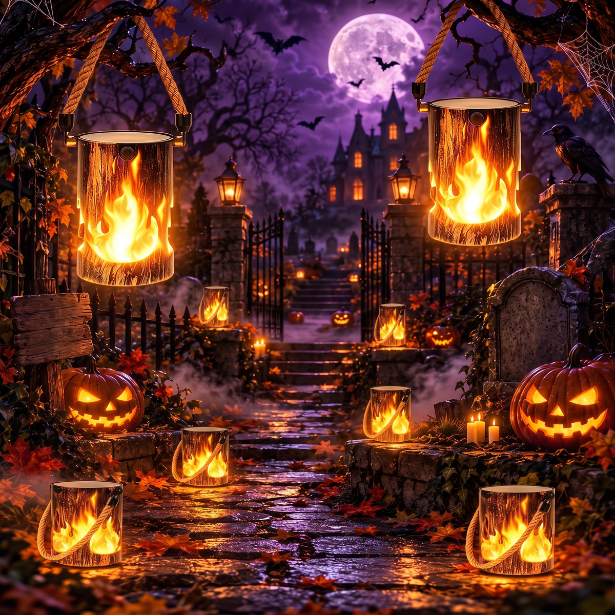 Flame lanterns lining a moonlit Halloween garden path