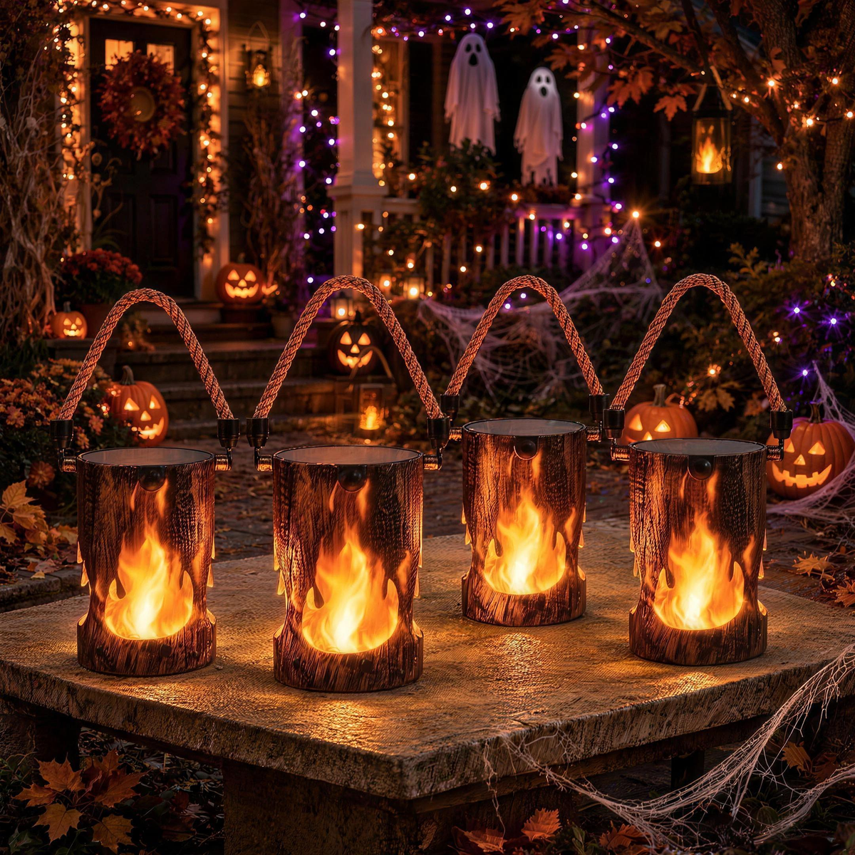 Four flame lanterns on a stone ledge at a Halloween porch