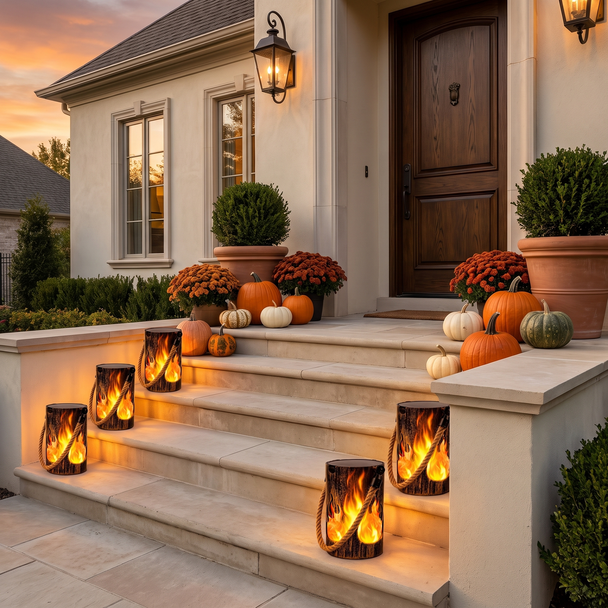 Rustic flame solar lanterns glowing along limestone front steps with pumpkins at golden hour