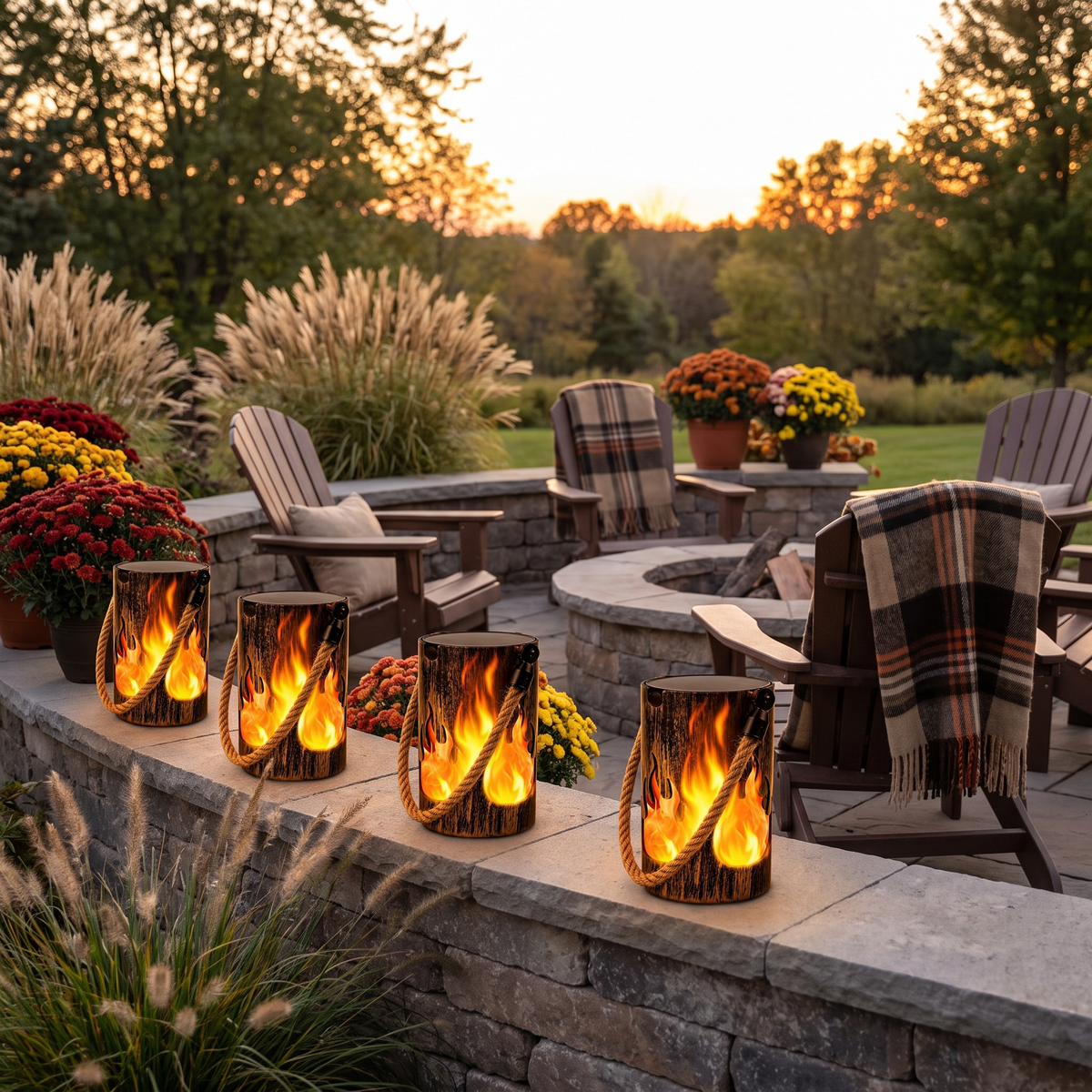 Solar flame lanterns glowing on a stone wall beside a fire pit terrace at dusk