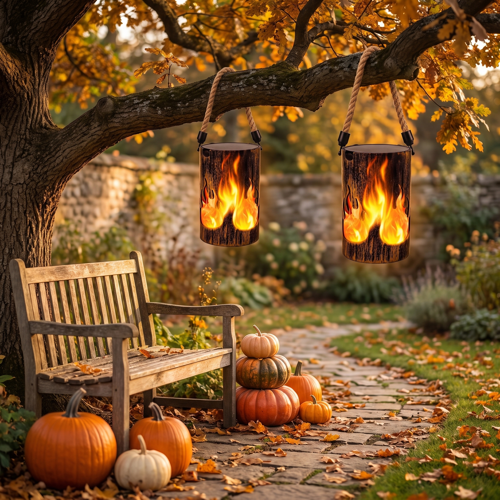 Flickering flame lanterns hanging from an oak branch in an autumn garden