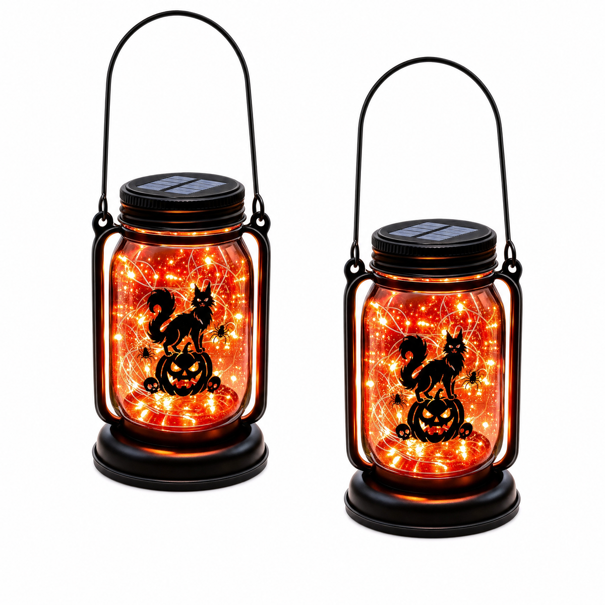 Fiaba Notturna Cat Pumpkin solar mason jar lanterns, set of 2, on white