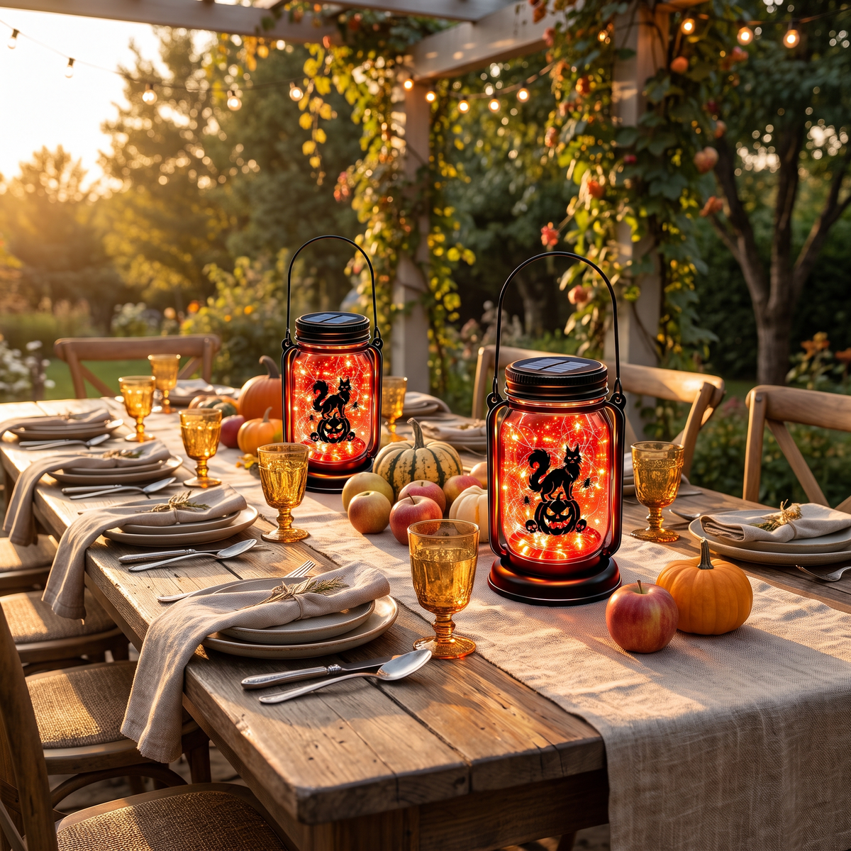 Two Fiaba Notturna cat pumpkin solar lanterns on an outdoor harvest table