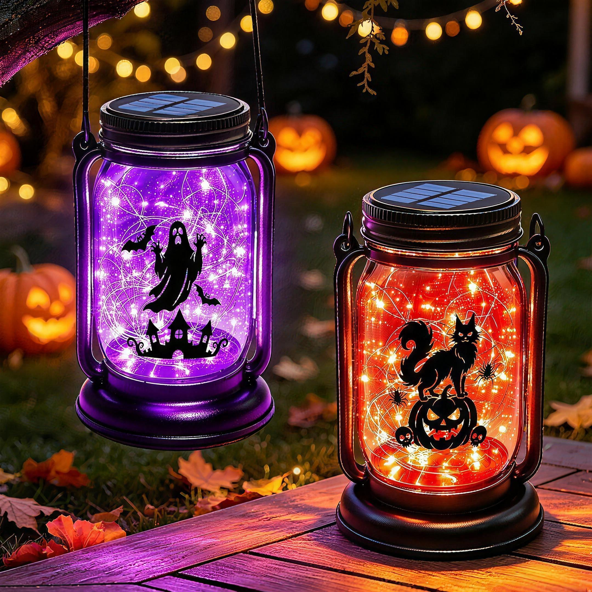 Fiaba Notturna ghost and cat pumpkin lanterns glowing on a Halloween deck