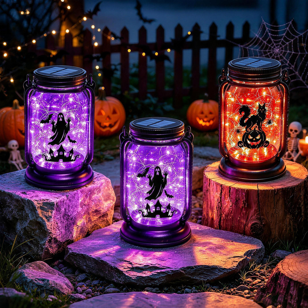 Fiaba Notturna solar lanterns glowing on garden stones