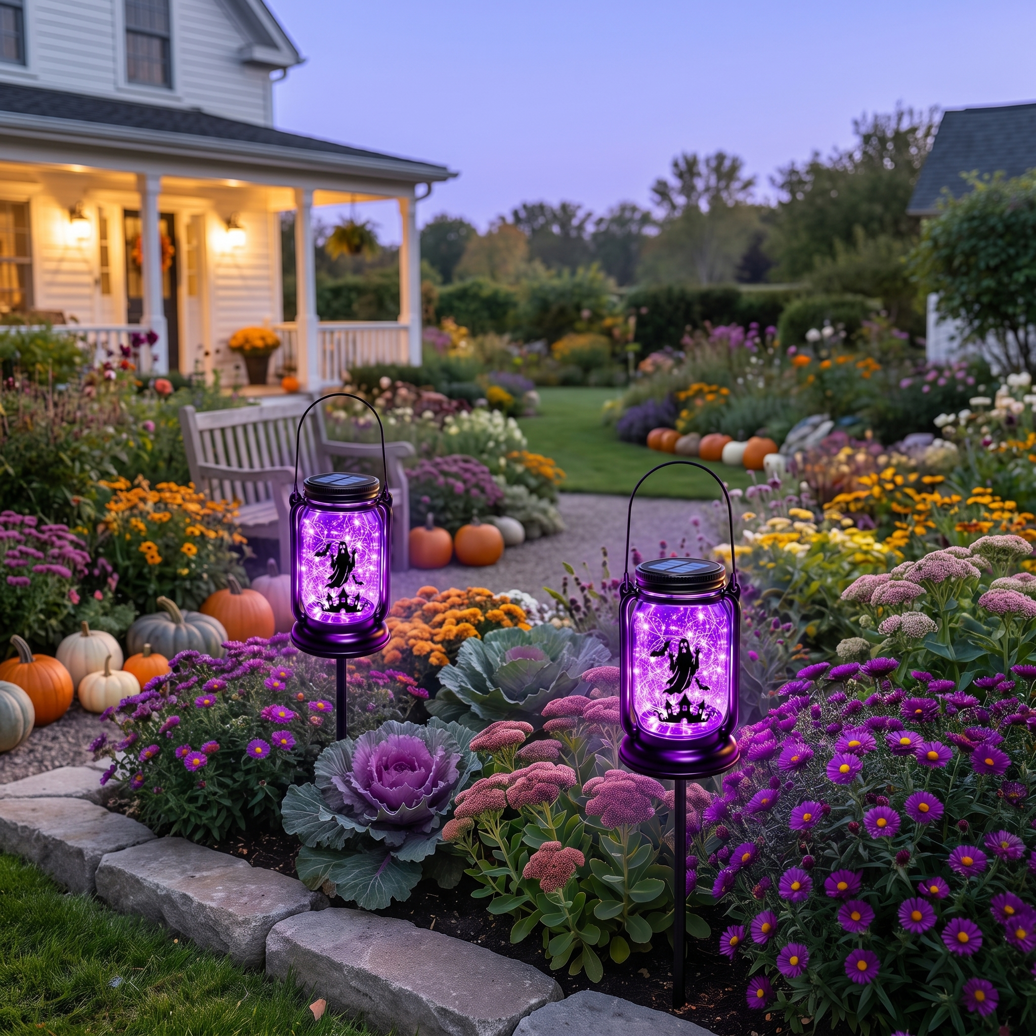 Two Fiaba Notturna ghost solar lanterns on garden stakes in a flower bed at dusk