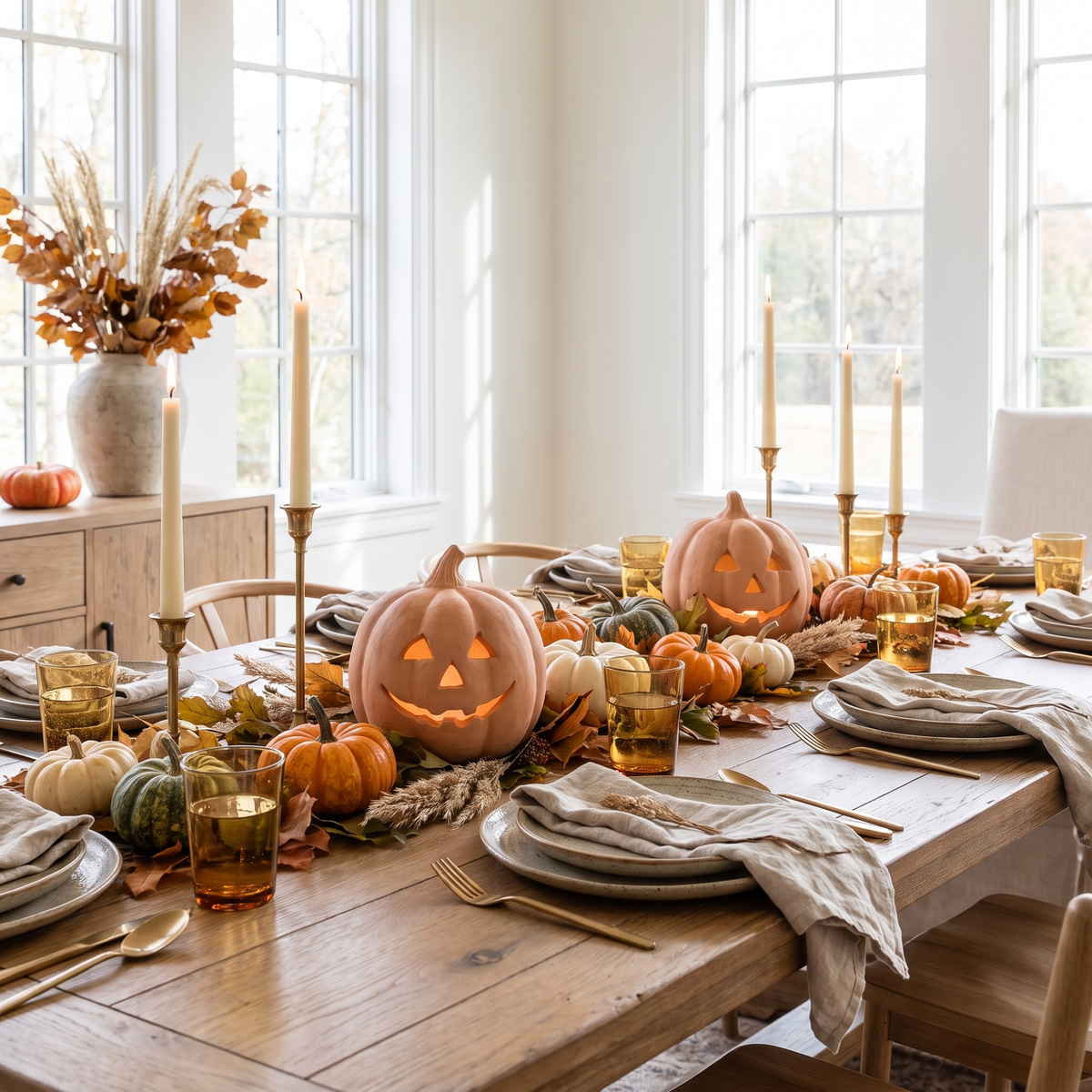 Zucca Toscana terracotta pumpkins as a harvest table centerpiece