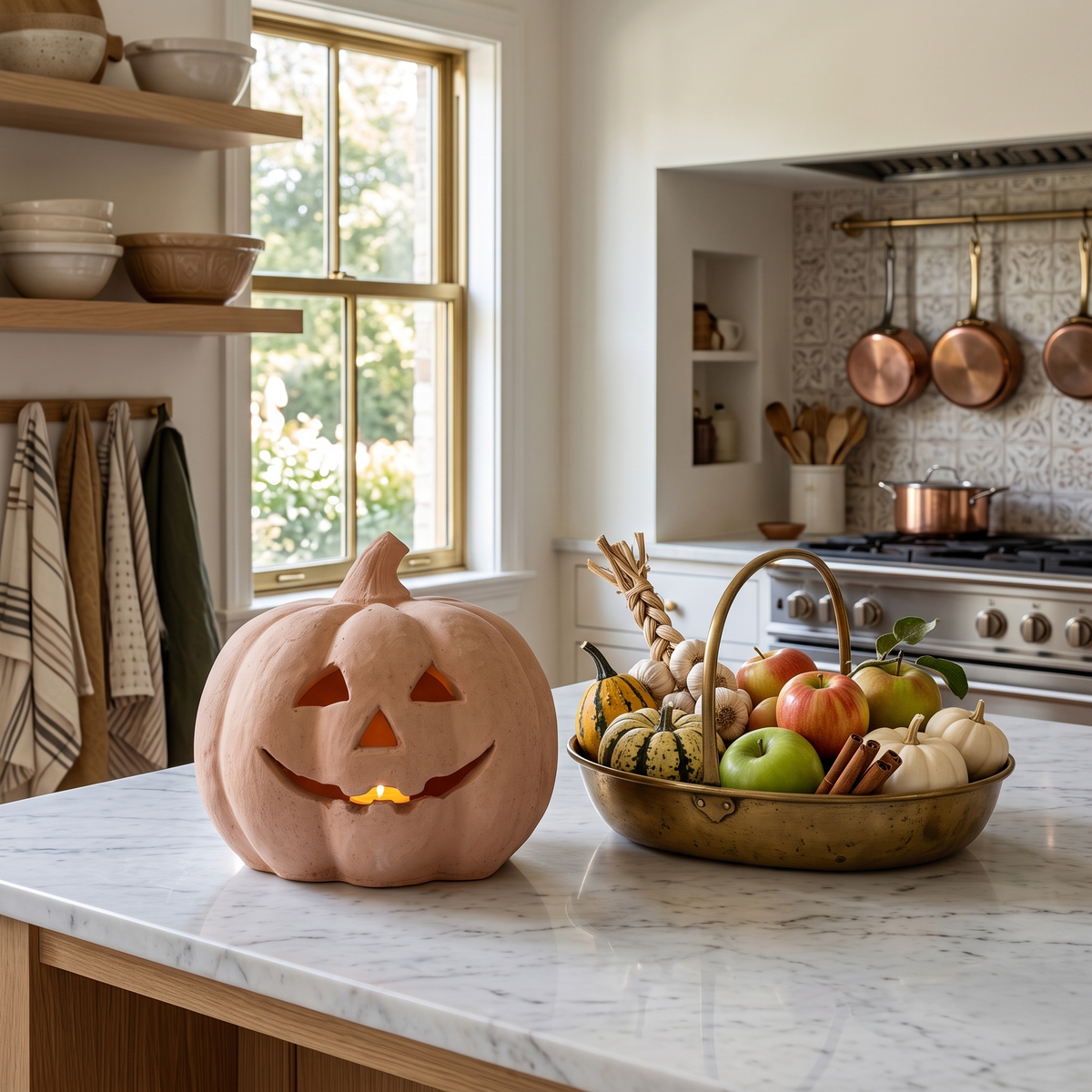 Zucca Toscana medium terracotta pumpkin on a marble kitchen island