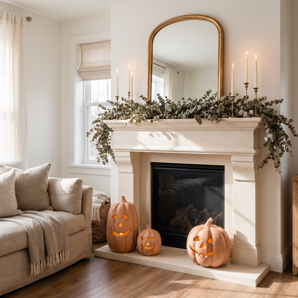 Zucca Toscana terracotta pumpkin lanterns by a limestone fireplace