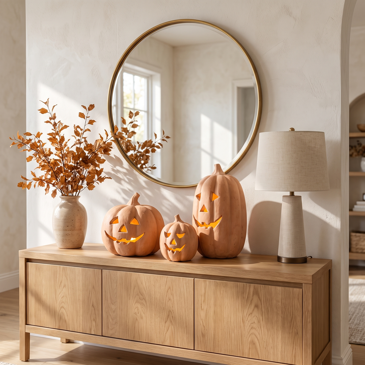 Zucca Toscana terracotta pumpkin lanterns in three sizes on an oak sideboard