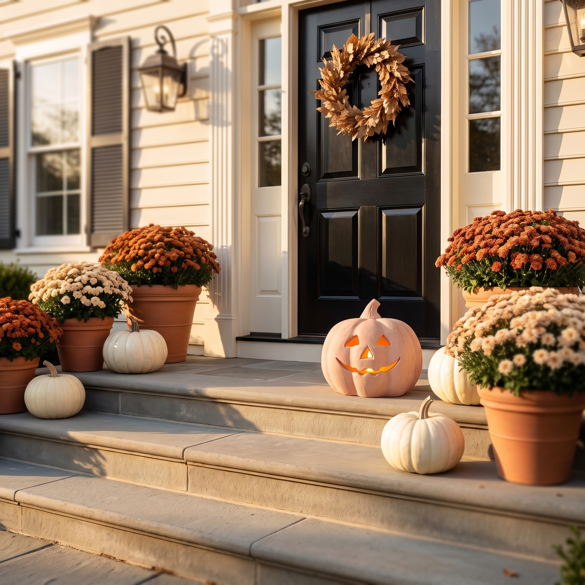 Zucca Toscana medium terracotta jack-o'-lantern on stone front steps with mums