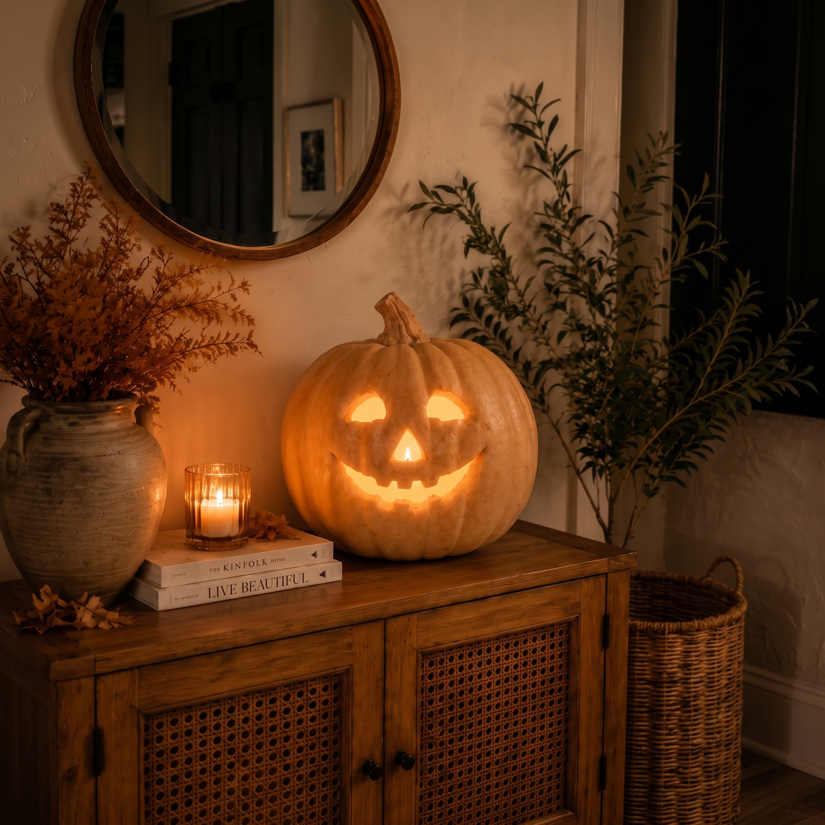 Zucca Toscana terracotta pumpkin glowing on a rattan console