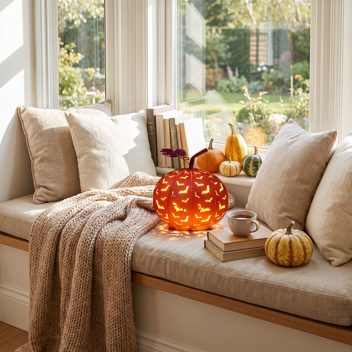 Volo Notturno pumpkin lantern on a sunny window seat