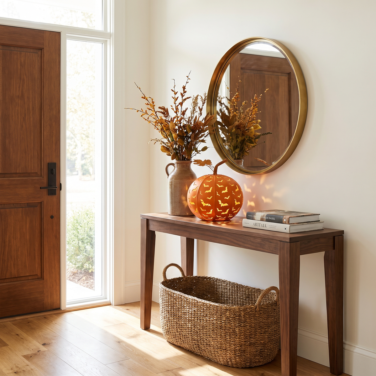 Volo Notturno pumpkin lantern on an entry console