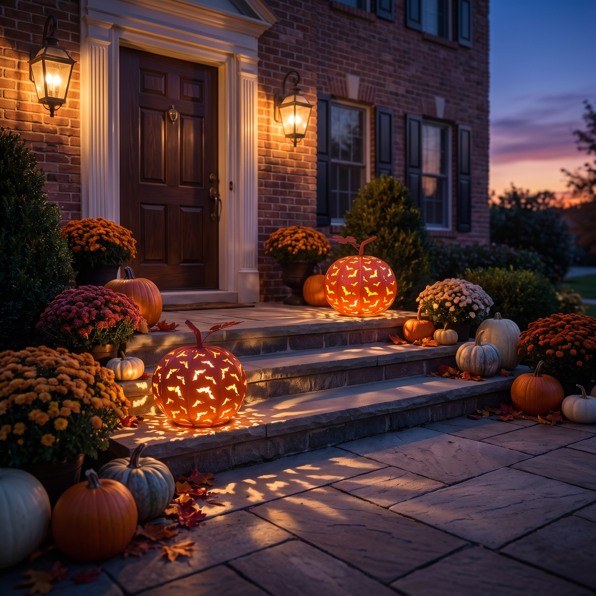 Two Volo Notturno pumpkin lanterns glowing on stone front steps at twilight