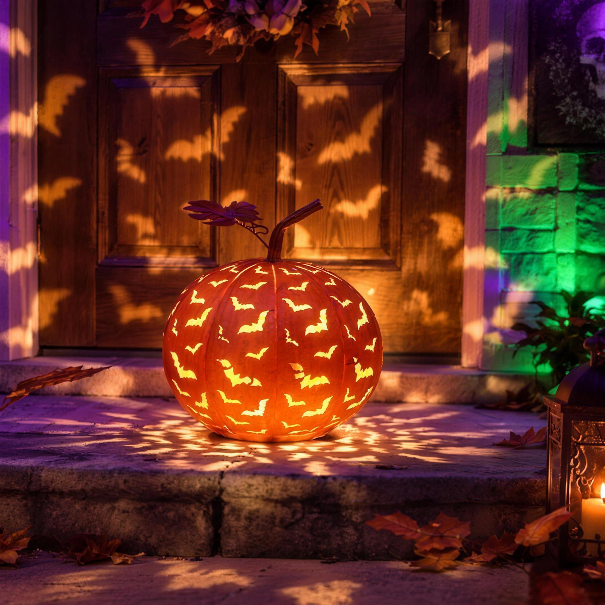 Volo Notturno pumpkin lantern projecting bats across a front door at night