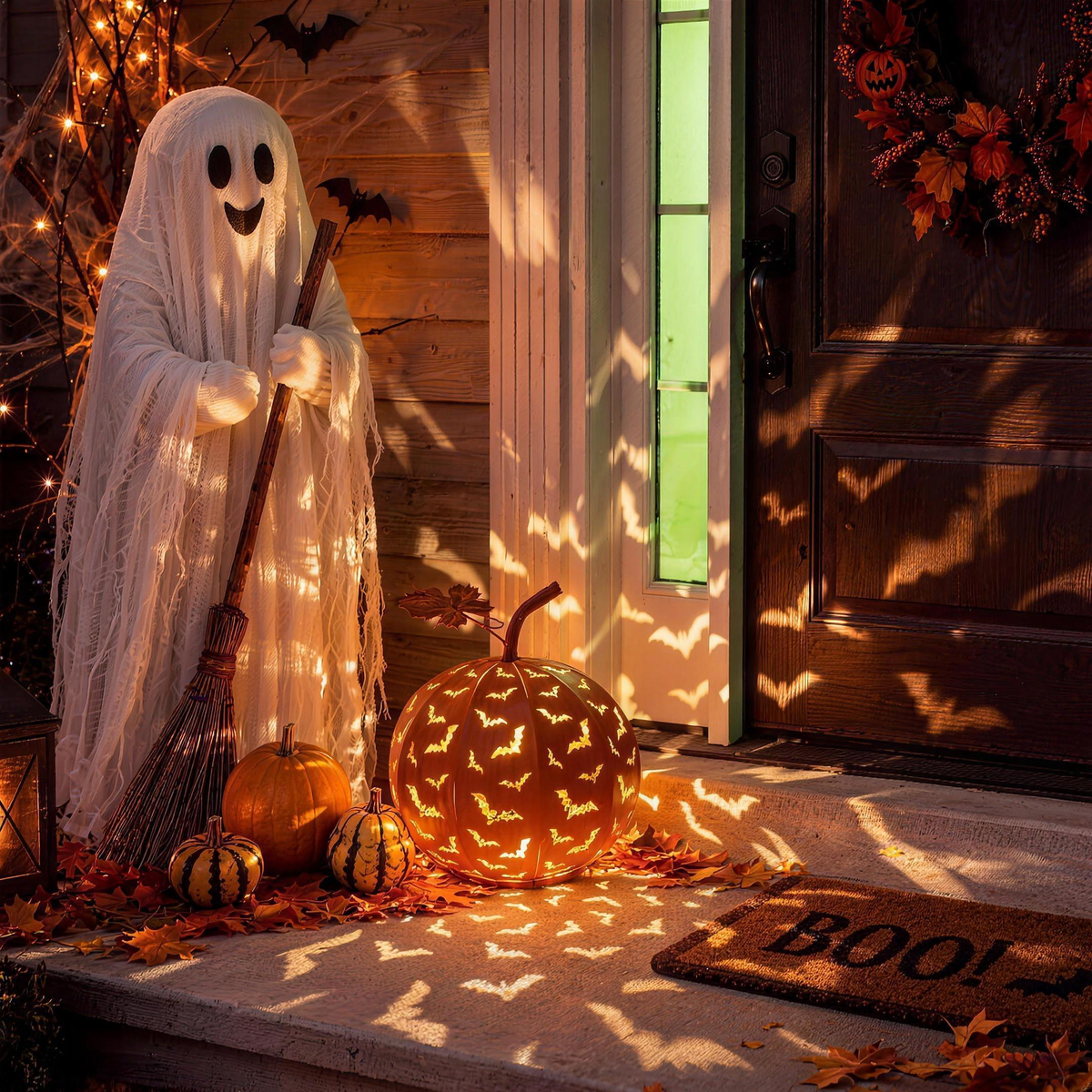Volo Notturno pumpkin lantern by a Halloween front door