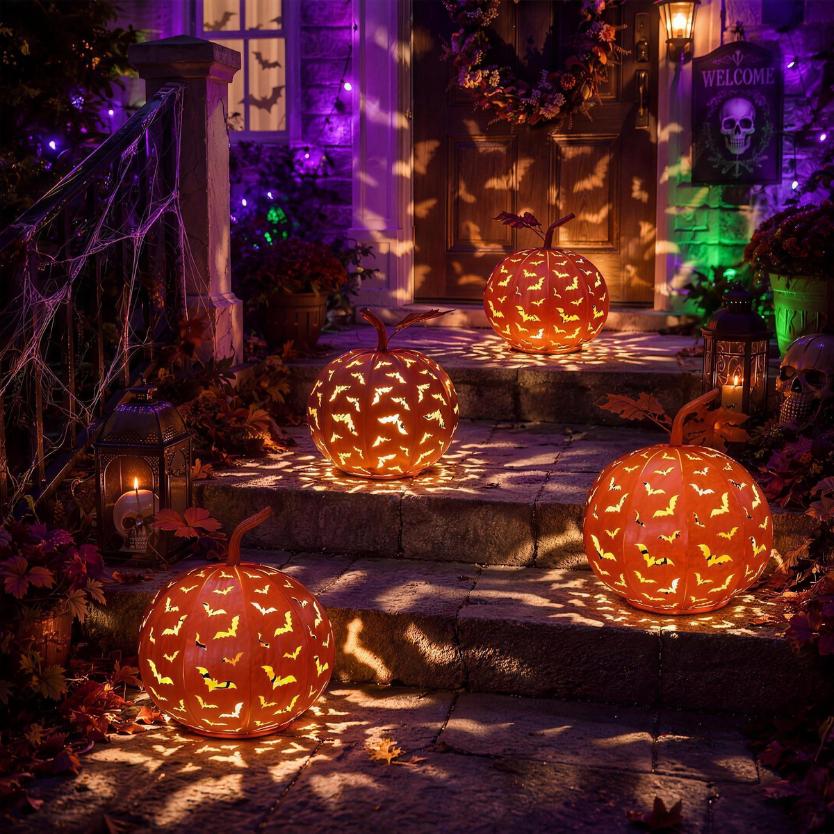 Four Volo Notturno pumpkin lanterns glowing on porch steps