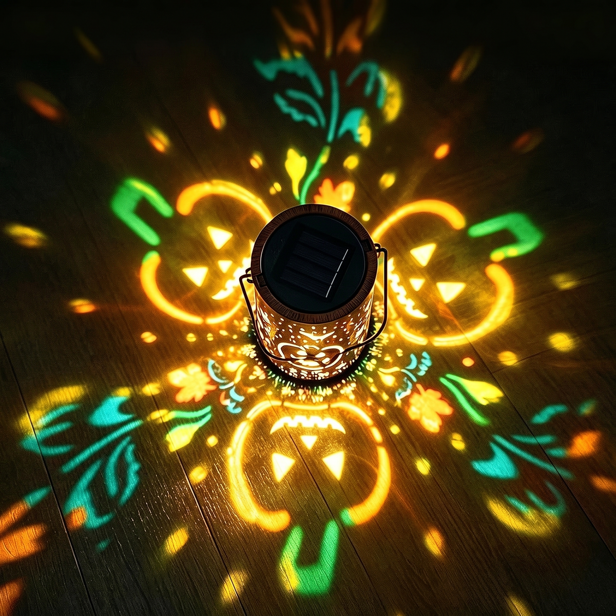 Top view of the Rame Incantato lantern projecting pumpkin patterns