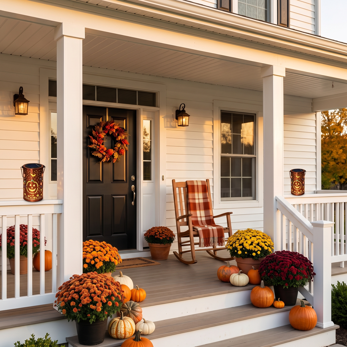 Two Rame Incantato solar lanterns on farmhouse porch railings