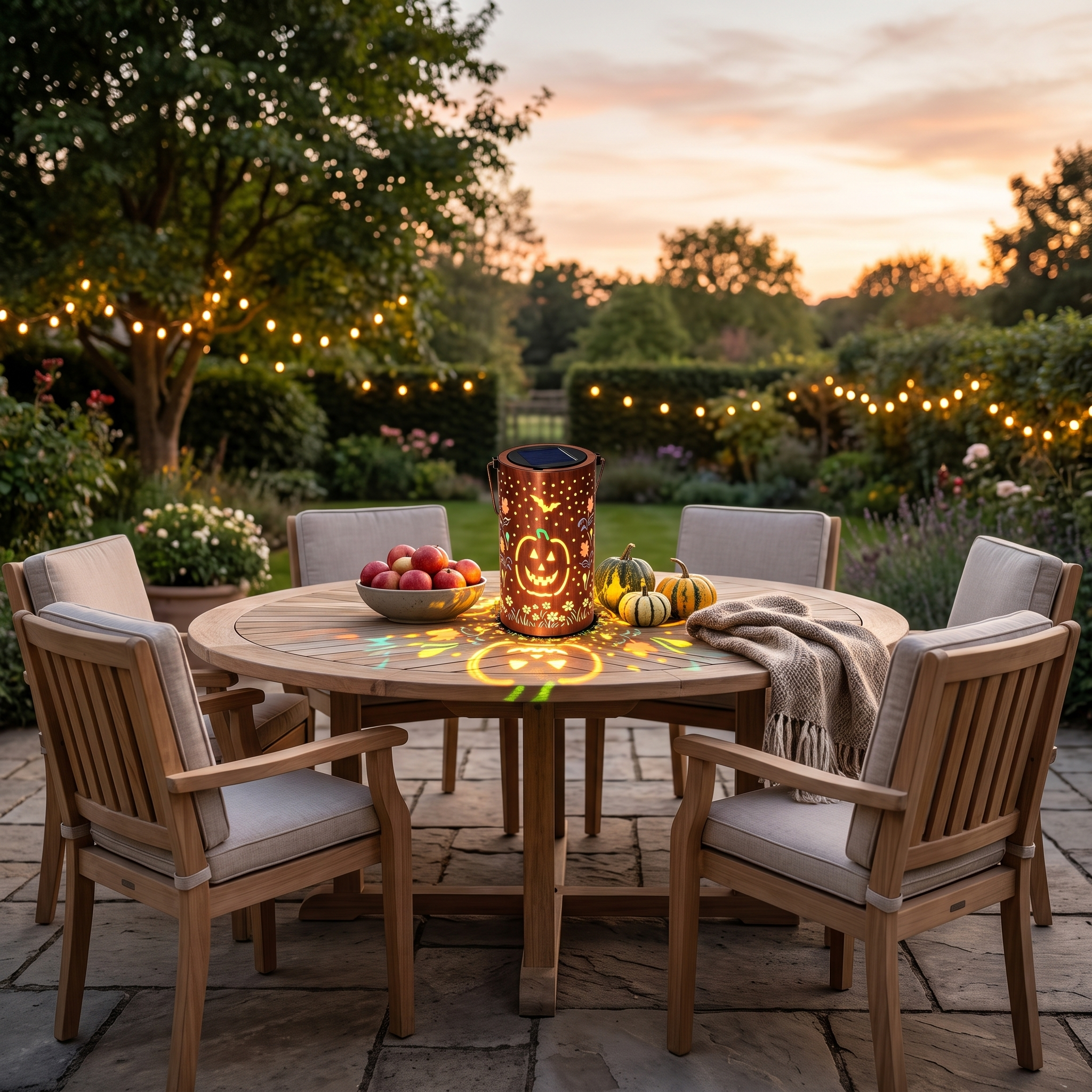 Rame Incantato solar lantern on a patio dining table at dusk
