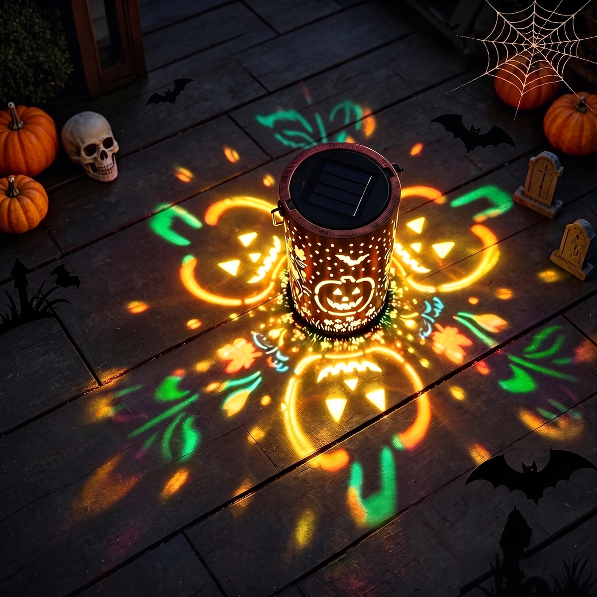 Rame Incantato solar lantern casting jack-o'-lantern light on a porch floor