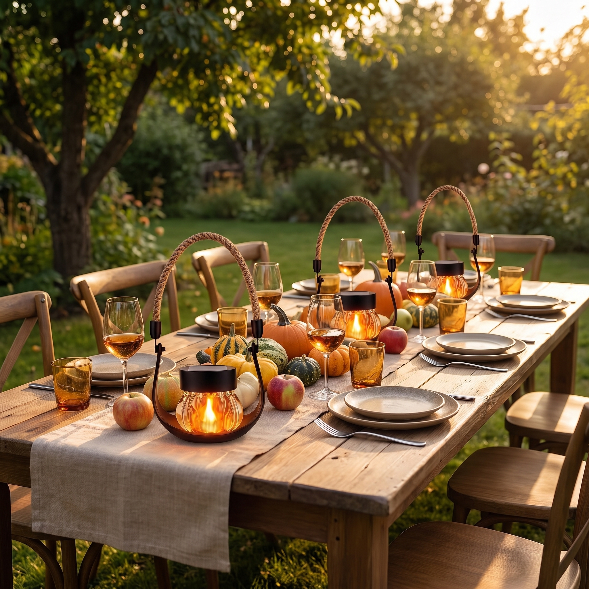 Pumpkin glass flame lanterns glowing on an autumn garden harvest table