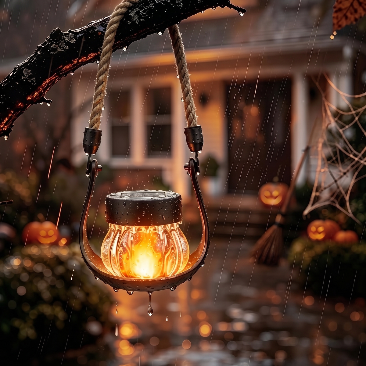 Pumpkin glass solar lantern hanging from a branch in the rain on Halloween
