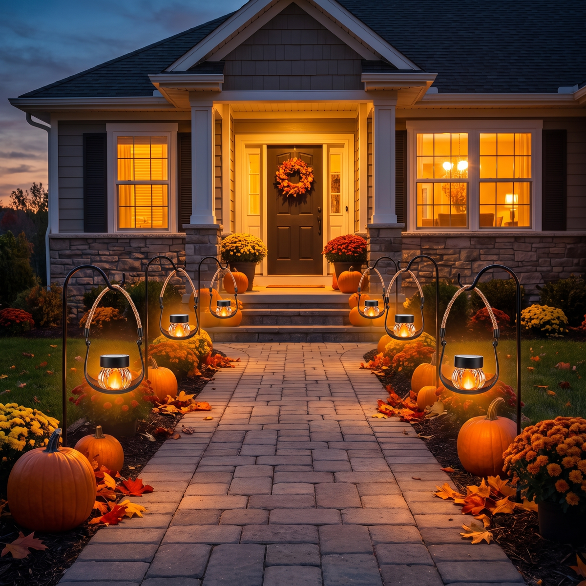 Solar flame lanterns on shepherd hooks lining a front walkway