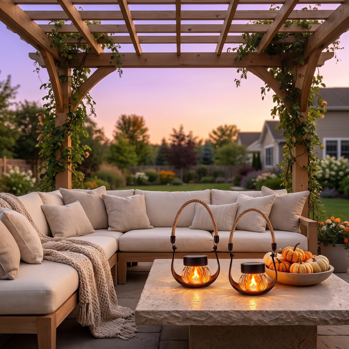 Two pumpkin glass lanterns on a stone coffee table under a pergola