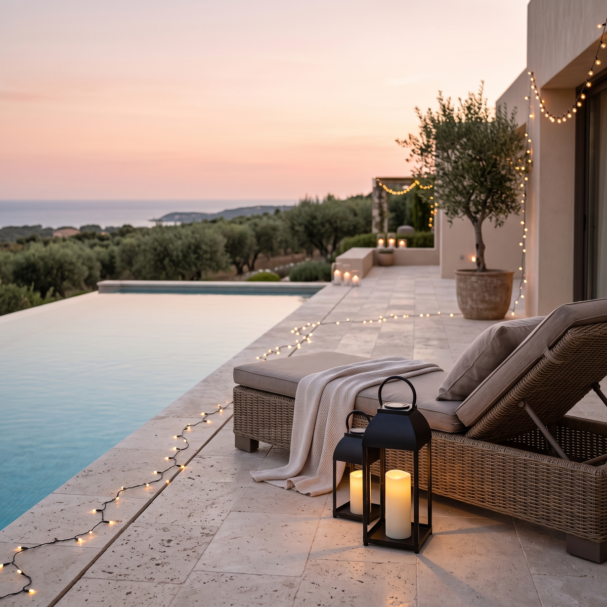 Solar candle lanterns beside a lounger on an infinity pool deck