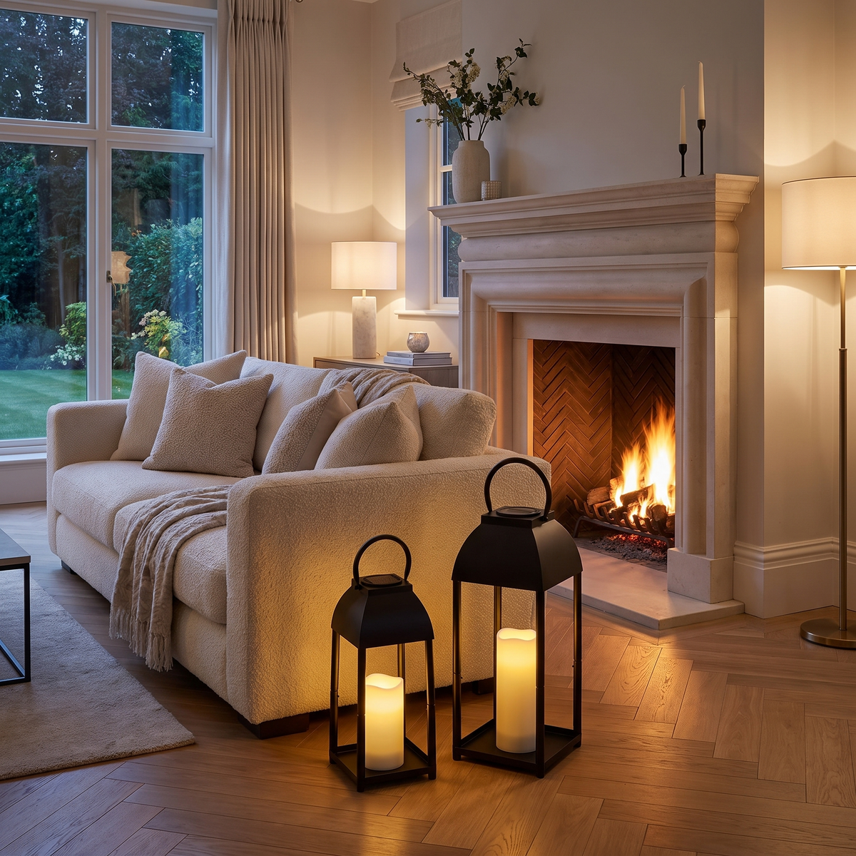 Black candle lanterns beside a limestone fireplace in an elegant living room