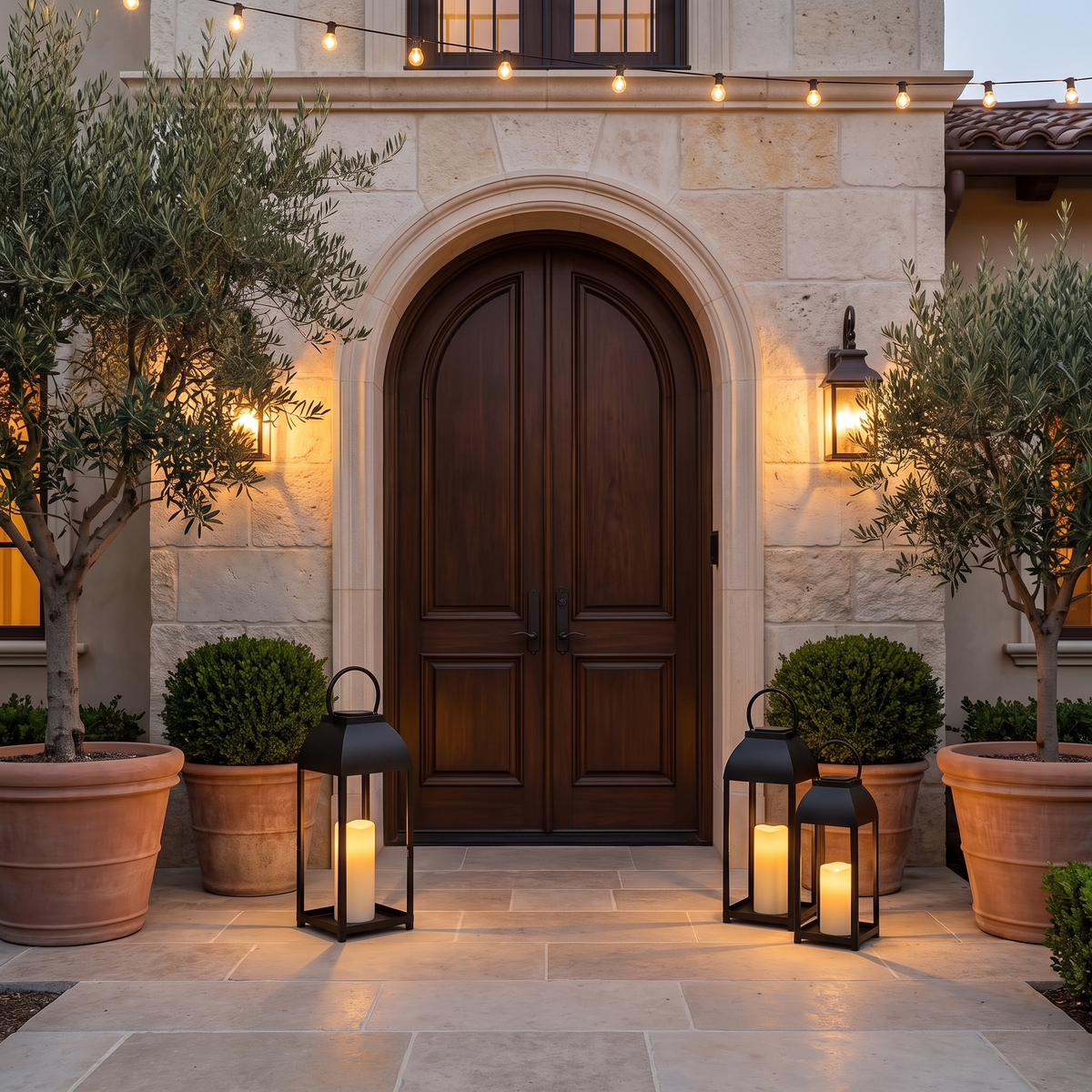 Lanterna Serena black solar candle lanterns at a villa front door at dusk