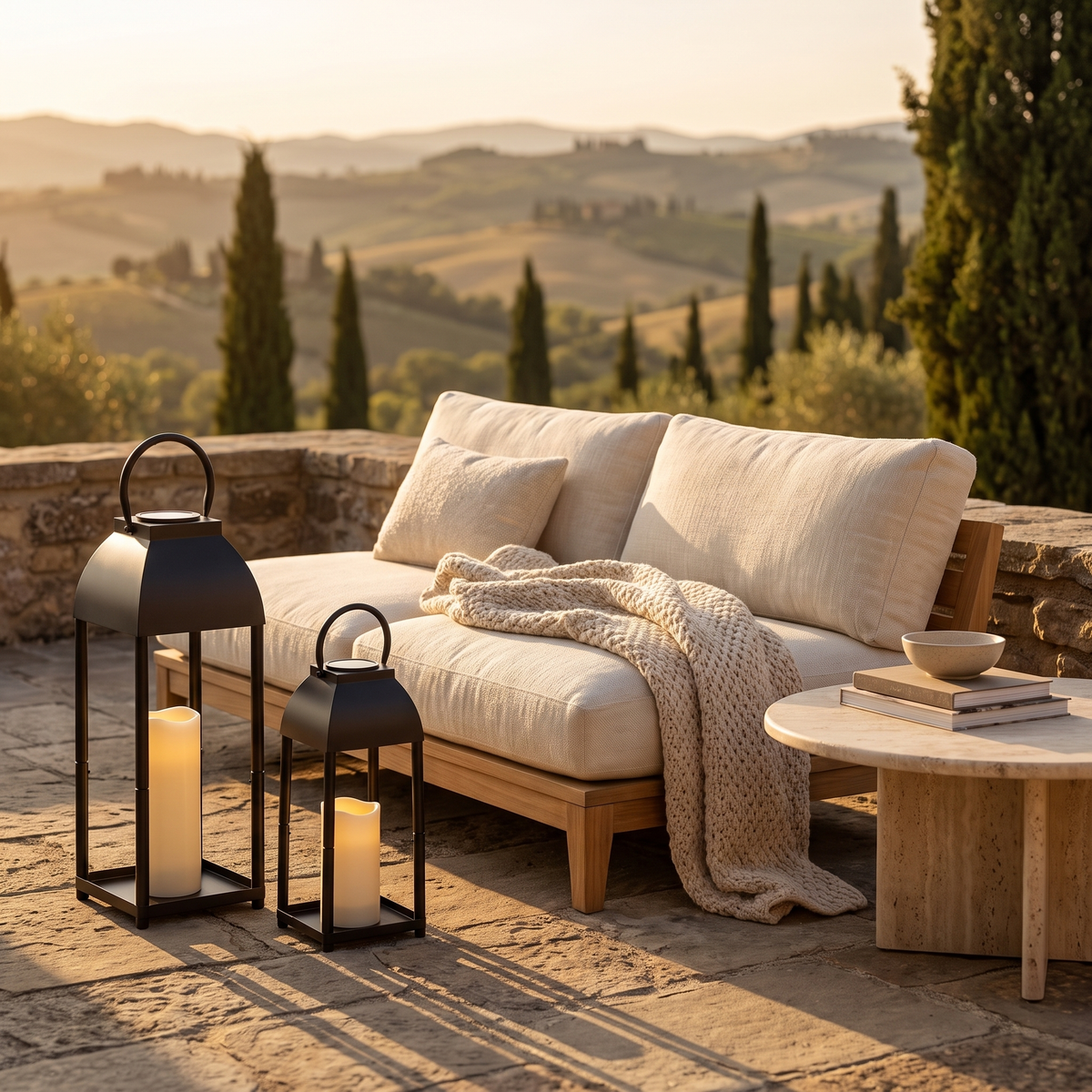 Pair of black metal candle lanterns on a Tuscan terrace at golden hour