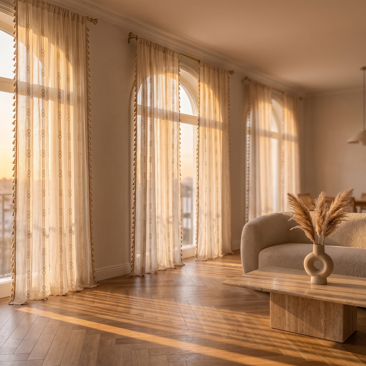 Brezza sheer curtains on tall arched windows in a sunset living room