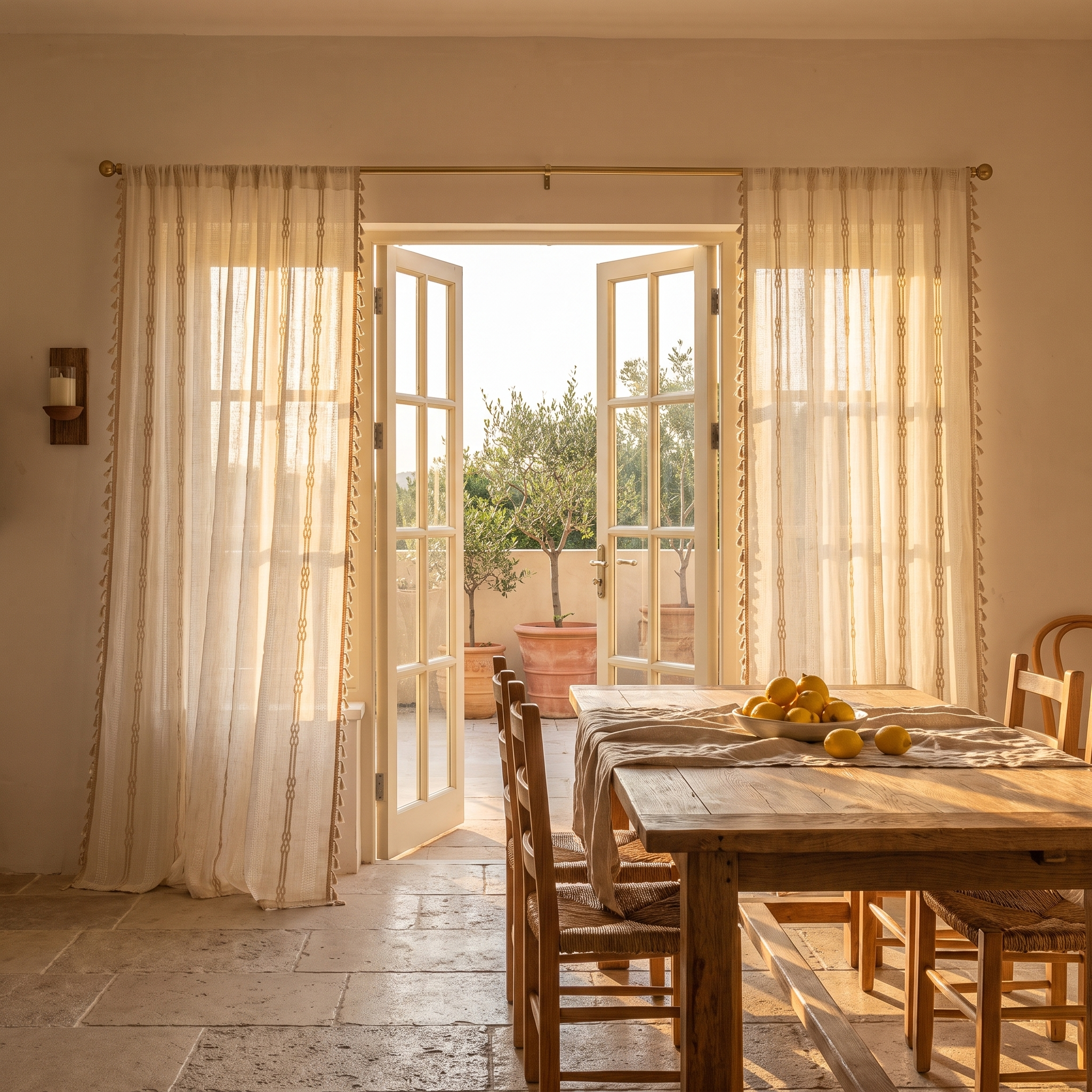 Brezza sheer curtains framing open French doors in a golden-hour breakfast room