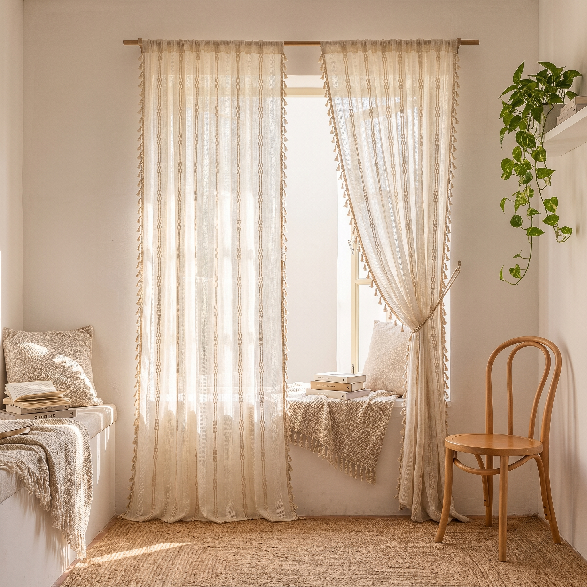Brezza boho tassel curtains with tie-back over a cozy reading window seat