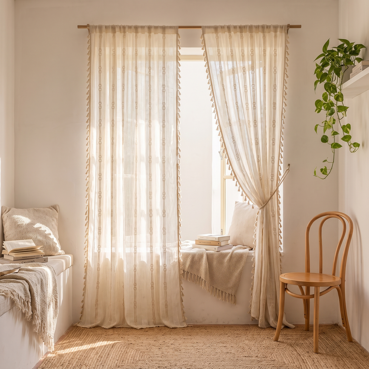 Brezza boho tassel curtains with tie-back over a cozy reading window seat